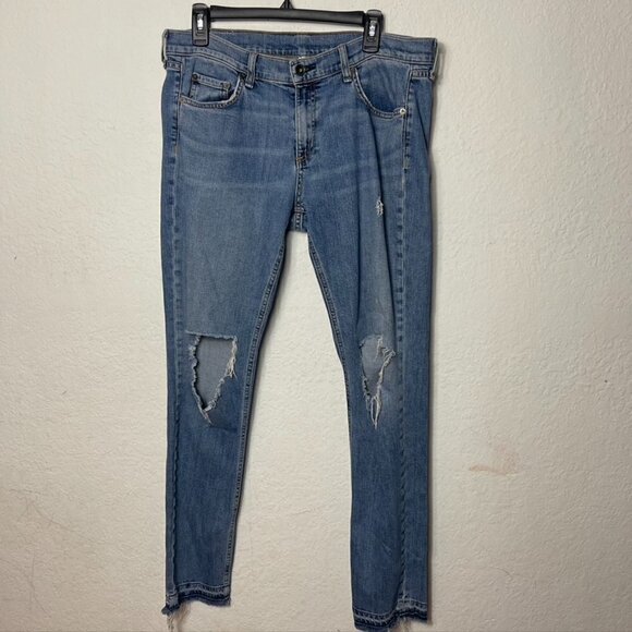 Rag & Bone Mid Rise Blown out Knee Straight Leg Raw Hem Jeans Size 31 - Picture 1 of 6